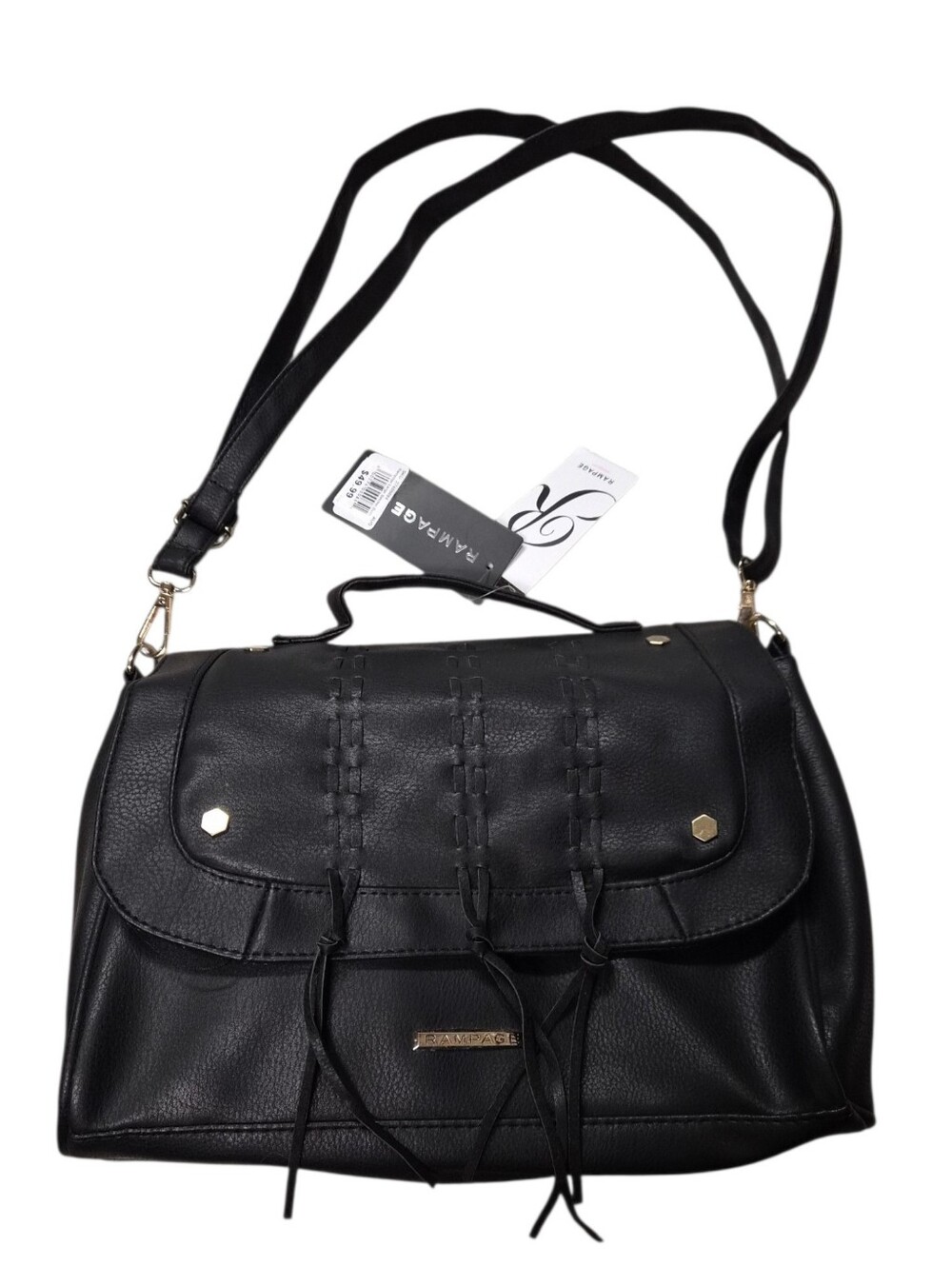 Rampage Whipstitch Satchel black handbag braided leather straps Gold Hardware